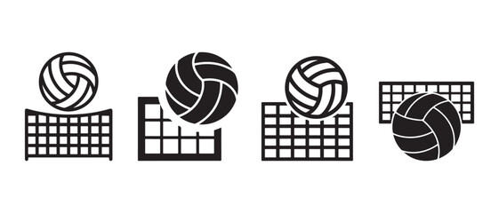 Set of black and white volleyball icons with balls and nets in a minimalist flat graphic style. © NadimStoker