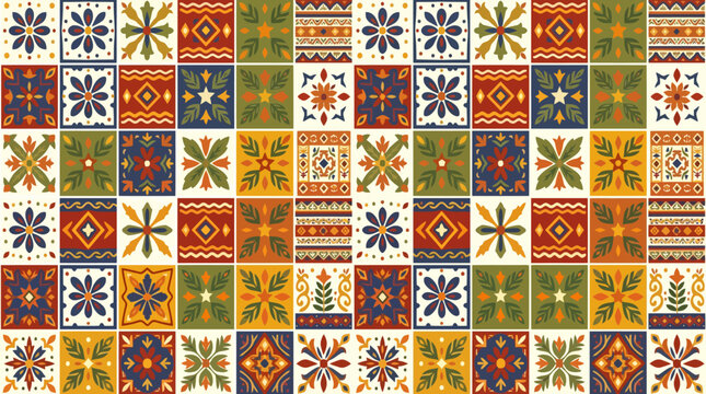 Colorful geometric tile mosaic pattern with vibrant motifs and gridlike symmetry.