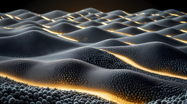 Abstract digital matrix topography with charcoal grey particles and gold light pulses