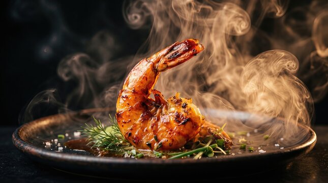 Close up of Steaming Hot Spicy Grilled Jumbo Shrimp - AI Generated