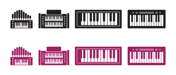 Set of musical keyboard and organ icons representing various piano instruments in flat vector style. © NadimStoker