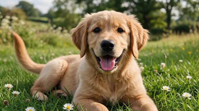 Ein fr&ouml;hlicher Golden-Retriever-Welpe sitzt auf einer sonnigen Blumenwiese. Sein goldenes Fell leuchtet im nat&uuml;rlichen Licht und schafft eine herzliche Szene, die Freude einf&auml;ngt.
