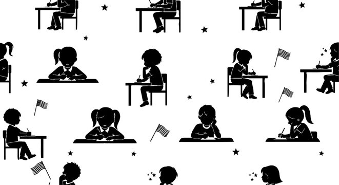 Silhouette students taking test at school desks repeatedly.