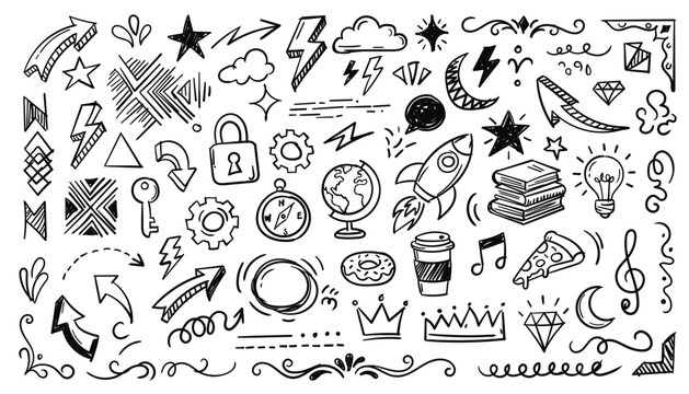 Hand drawn doodle icons arrows, stars, clouds, lightning, lock, gear, compass, globe, rocket, books, lightbulb, pizza, music note, moon, diamond, crowns, coffee cup, donut, 