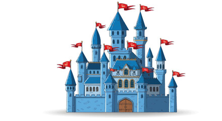 Blue castle with multiple towers flags. © roina