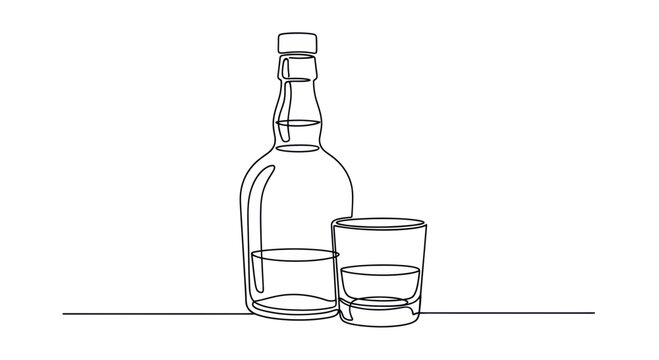Whiskey bottle and glass on table.