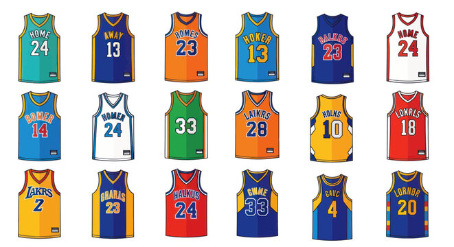 Collection of Basketball Jerseys Displayed.