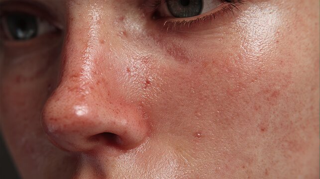 Acne-prone skin macro close-up showing textured pores, comedones and subtle inflammation for editorial