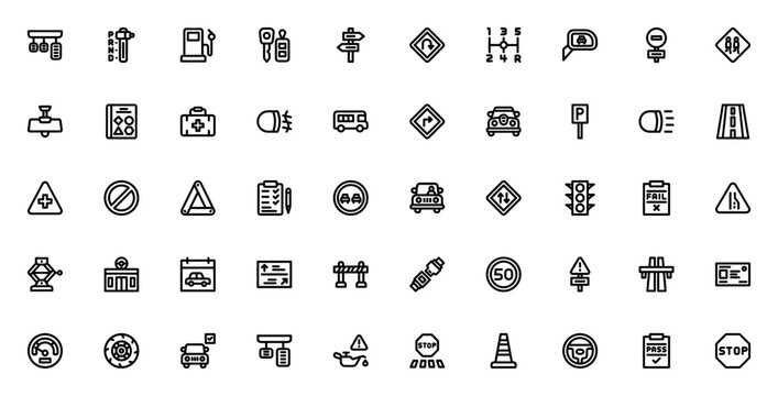 Driving School icon set. Minimal line icons. Featuring manual transmission, automatic transmission, car key, u-turn, traffic light, stop, parking and more. Editable stroke.