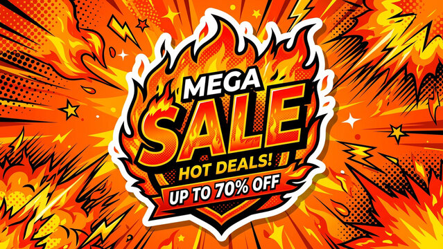 Vibrant Mega Sale advertisement with hot deals and discounts