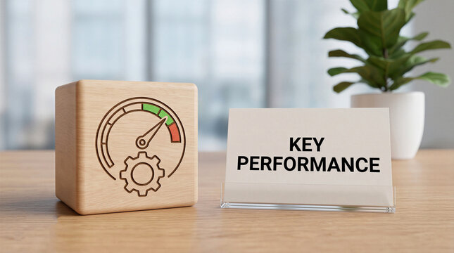 Key performance card and wooden block with a gauge gear icon on a desk. Business concept for KPI, efficiency, productivity, and evaluation