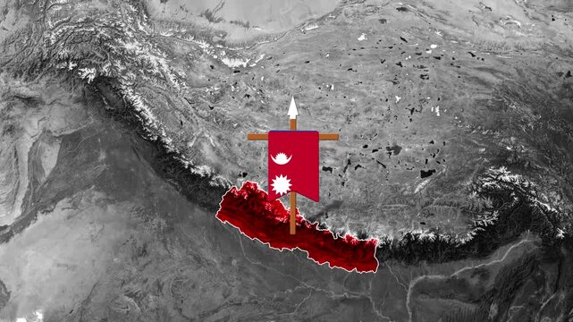 Animated flag of Nepal superimposed on a topographic map of the Himalayas, indicating national boundaries