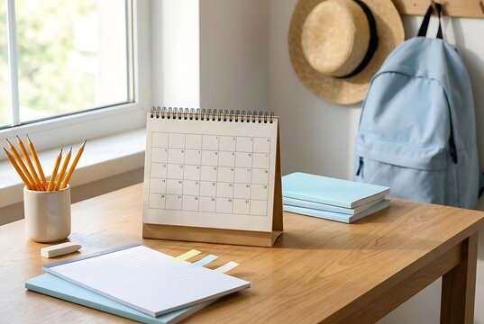 Desk with calendar showing days of month, notebooks, pencils, eraser, and sticky notes, natural light from window, ready for planning school activities.