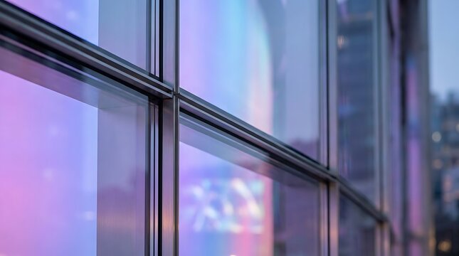 Close-up of contemporary office building windows reflecting colorful lights and sky, abstract geometric pattern, modern architectural detail, urban background.