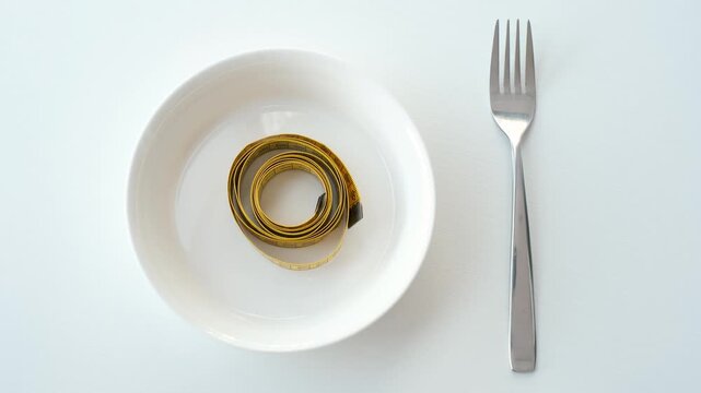 A woman's hand puts a yellow measuring tape on white empty plate on the table, top view.