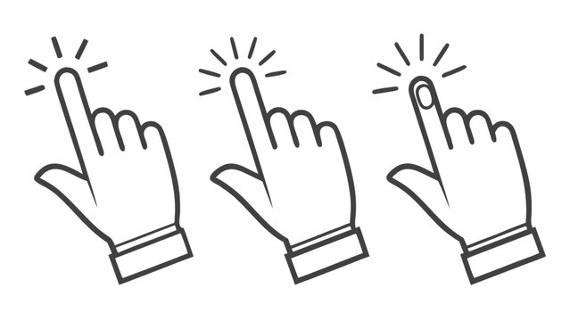 Vector illustration of a set of computer cursor hand icons showing various mouse click actions with interface