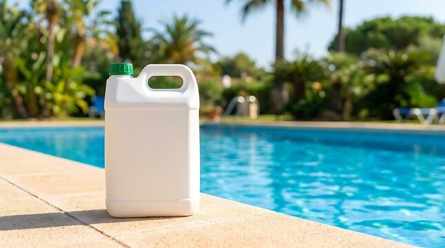 White plastic chemical container standing on edge of blue swimming pool at luxury resort under tropical sun providing pool maintenance and water treatment solution.