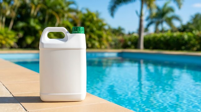 Plastic chemical bottle for pool maintenance standing on stone tiling beside sparkling blue water in tropical backyard setting during sunny summer daytime hours.