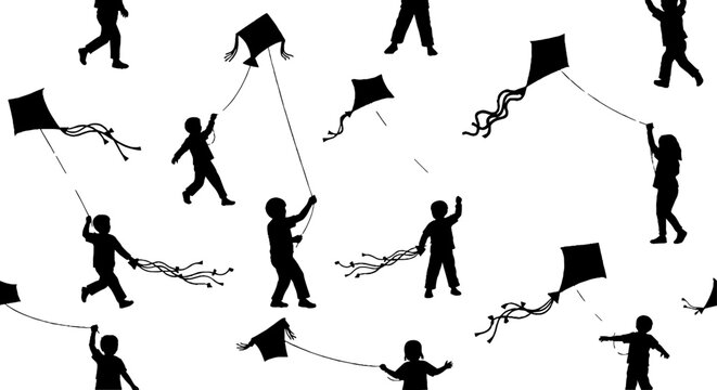 Silhouettes of People Flying Kites in Playful Pattern Design.