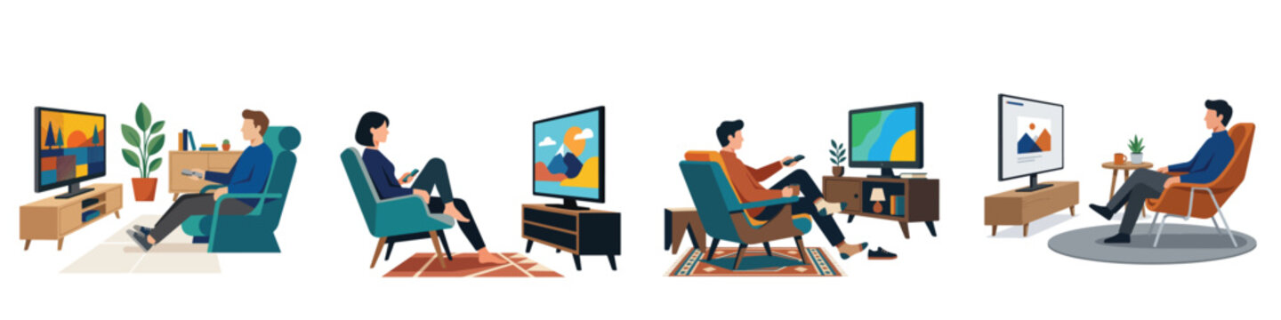 Illustrations of diverse people relaxing and watching television at home in armchairs. Modern leisure, home entertainment, and screen time concepts