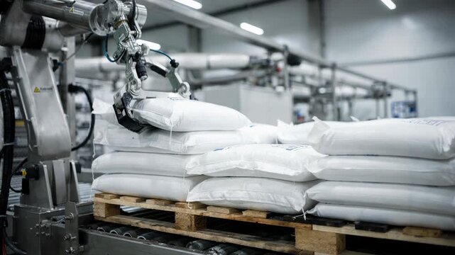 Medium shot focusing on a robotic arm with gripping tools adjusting fertilizer bags to ensure stable stacking on pallets in a hightech production environment