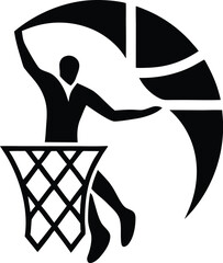 Basketball player silhouette making a slam dunk with a net and stylized circular background arc. © Gfx Foysal
