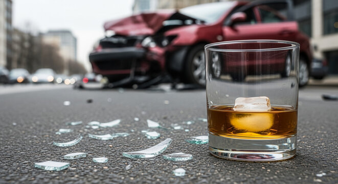 Whiskey glass with ice and glass shards on asphalt near damaged car, drunk driving consequences and accident prevention in urban traffic