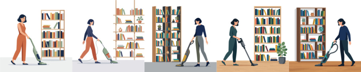 Home cleaning routine people vacuuming in front of bookshelves for a tidy living space © Haris Lost