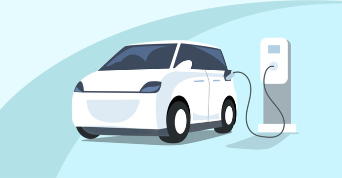 EV electronic car charging, mini type vehicle with city sky environmental friendly background illustration