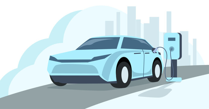 EV electronic car charging station, vehicle with city sky environmental friendly background illustration