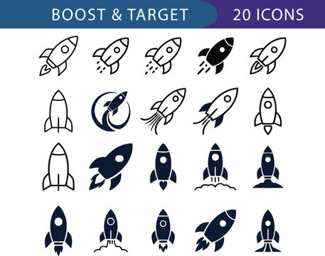 Boost and Target Rocket Line Icons Set, Startup Growth and Business Success Vector Collection