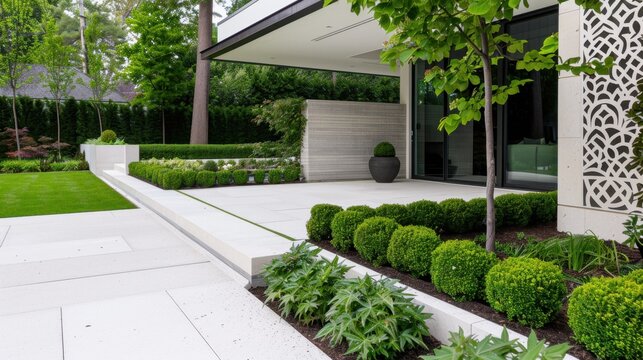 Elegant Modern Landscape Design with Minimalist Patio and Greenery in a Residential Setting