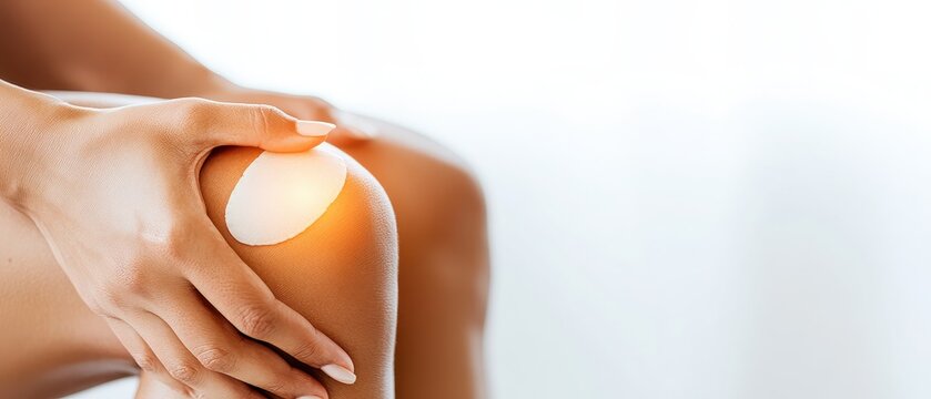 Close up of a person's knee with a pain relief patch applied, showing a glowing orange effect