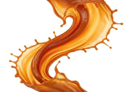 Liquid caramel splash with swirling motion isolated on white background
