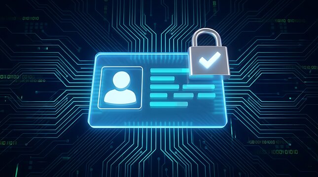 Virtual identification card with secure padlock icon floating above high tech circuit board background representing information privacy authentication cyber security system concept.