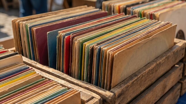 Discovering colorful vintage vinyl records inside a rustic wooden crate at an outdoor flea market