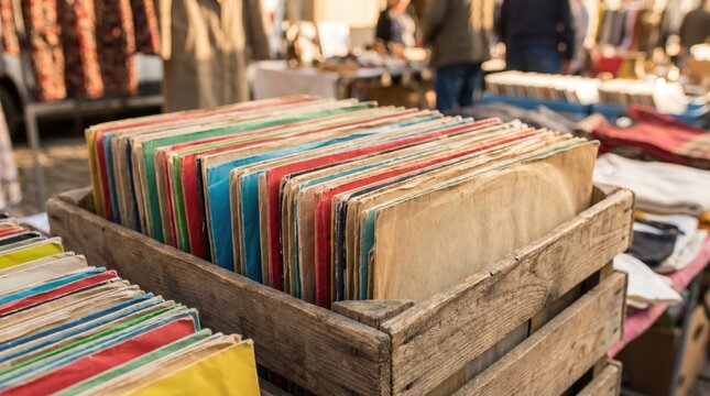 Browsing classic music albums stacked within an old wooden box during a sunny street fair