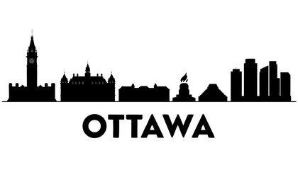 Obraz premium Vector illustration of Ottawa skyline in black silhouette, with “OTTAWA” text, on white background, modern city branding design