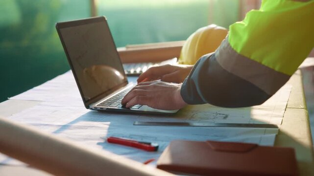 Hands, laptop and architect typing for construction development, blueprint review or industrial info. Computer, person and engineer at desk for building codes, safety compliance or schedule in office