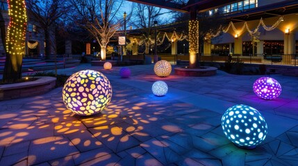 Obraz premium Colorful illuminated spheres creating enchanting ambiance in a festive urban setting during evening twilight