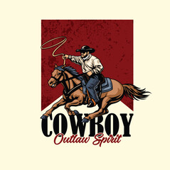Detailed retro illustration of a cowboy swinging a lasso on a galloping horse with an outlaw spirit typography badge © harrisaputra