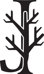 Fototapeta premium Black letter J intertwined with a tree silhouette creating a unique and natural design.