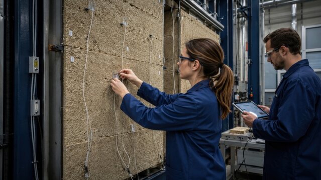 Researchers working on building material tests in a laboratory with equipment for studying performance and durability in a controlled environment