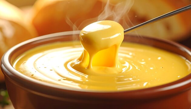 Hot melted cheese fondue in a ceramic pot with a dipping fork surrounded by bread slices and cheese blocks