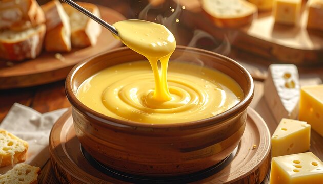 Hot melted cheese fondue in a ceramic pot with a dipping fork surrounded by bread slices and cheese blocks