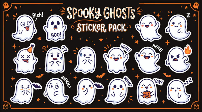 Cute Flat Design Cartoon Ghosts Sticker Pack for Halloween, Various Expressions and Actions on Black Background, Vector Illustration