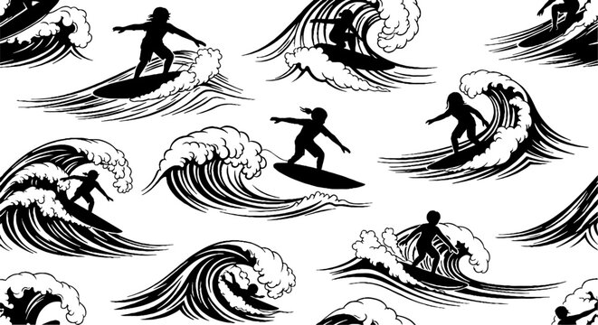 Black and white repeating surfing wave pattern illustration.