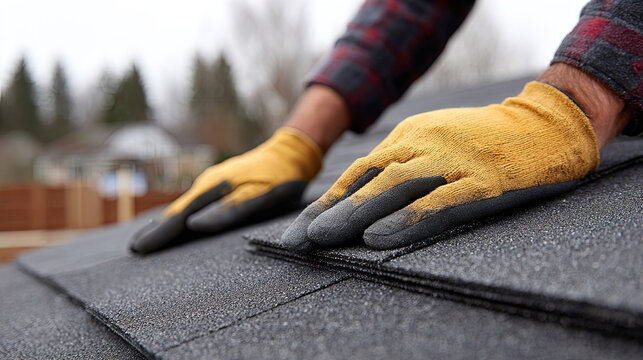 Worker hands installing asphalt shingles on residential roof