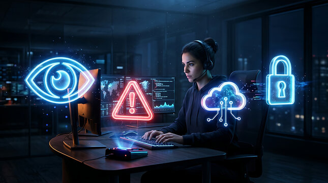 Woman monitoring dark web isolated on a clean white background