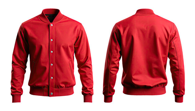 Bright red, button-up, bomber jacket; front and back views shown